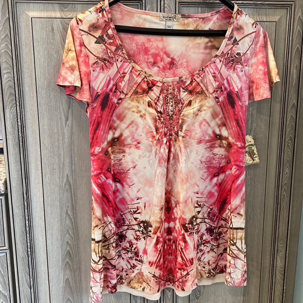 One World Embellished Short Sleeve Shirt- L